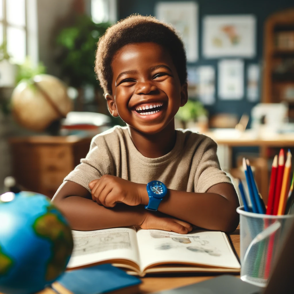 Glücklicher junger afrikanischer Junge sitzt an einem Schreibtisch mit Büchern und einem Laptop, lächelt beim Lernen in einem hell erleuchteten Raum mit Bildungspostern und einem Globus auf dem Tisch.