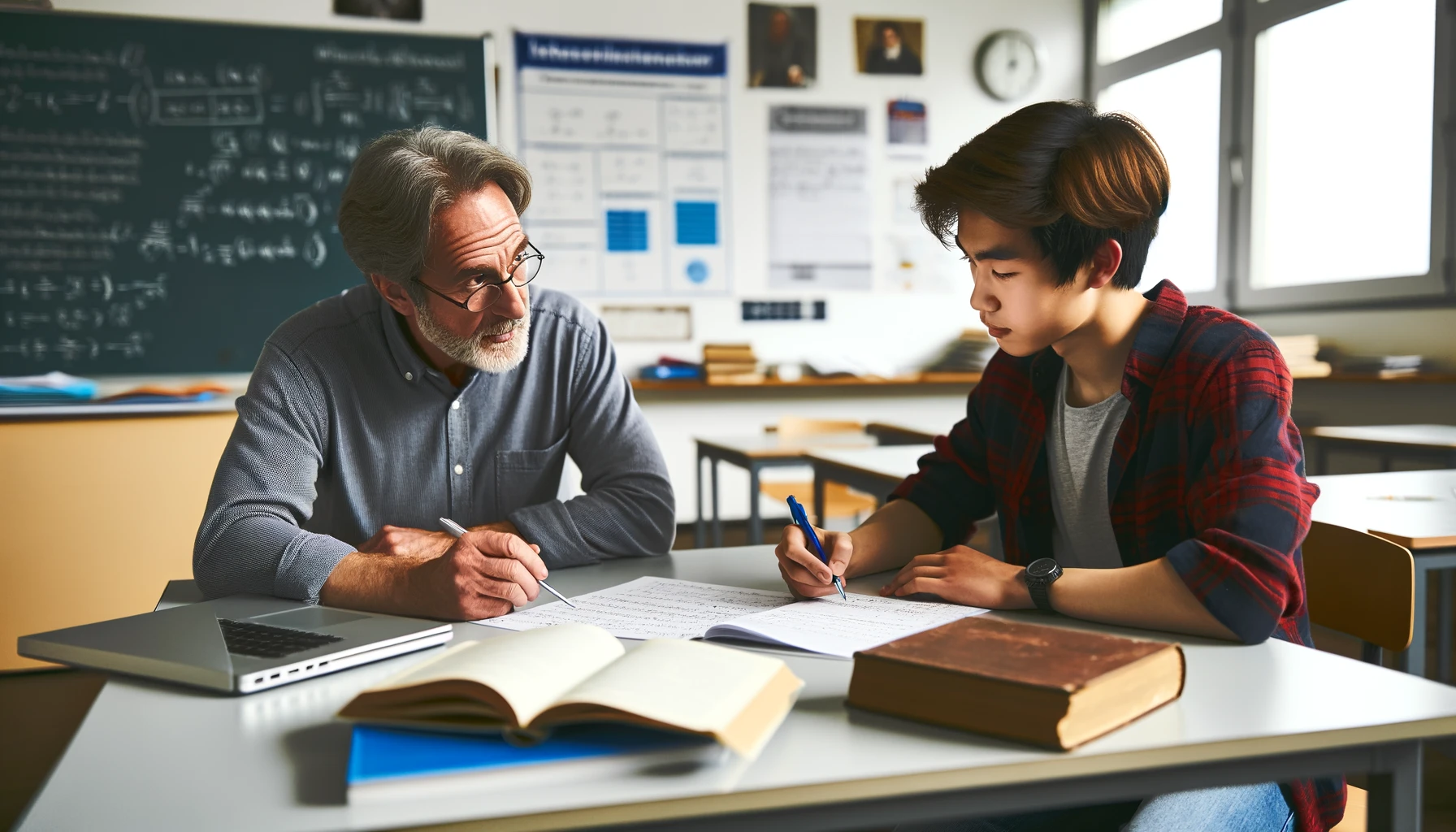 Ein Lehrer und ein Schüler arbeiten intensiv an einer mathematischen Aufgabe in einem gut ausgestatteten Klassenzimmer.