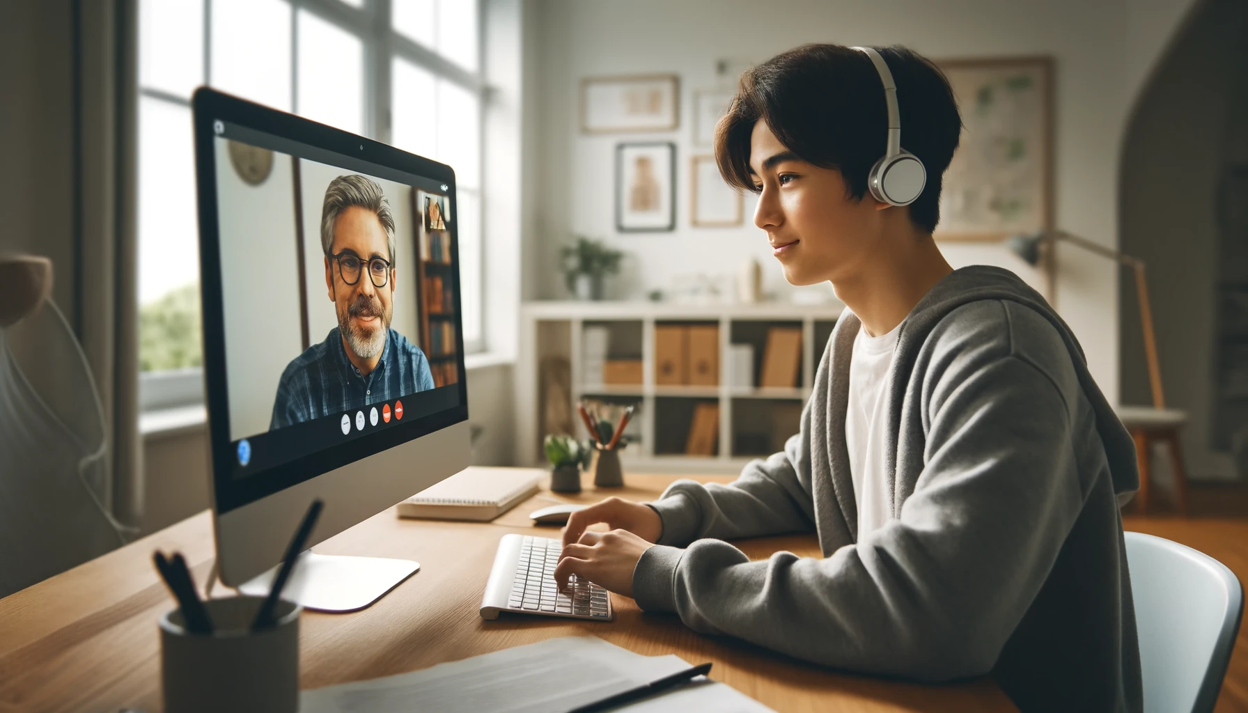 Ein junger Schüler nimmt über seinen Computer, ausgestattet mit Kopfhörern, an einer Onlinekonferenz teil. Auf seinem Bildschirm ist das Video eines Lehrers sichtbar.