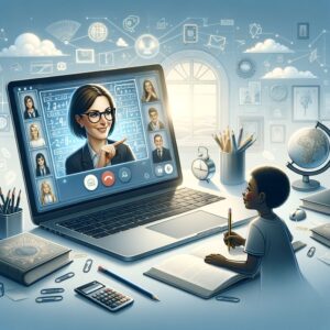 Ein Schüler sitzt vor einem Computer, lächelt und lernt fleißig, während er online Unterstützung erhält.