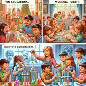 Eine Gruppe von Kindern nimmt an verschiedenen Bildungsaktivitäten während der Ferien teil: Museumsbesuche, wissenschaftliche Experimente zu Hause, Nutzung von Bildungs-Apps, Lesen im Freien und Naturwanderungen.