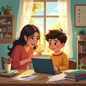 "Ein Elternteil unterstützt ein Kind beim Online-Lernen am Laptop, umgeben von Lernmaterialien auf einem Schreibtisch.
