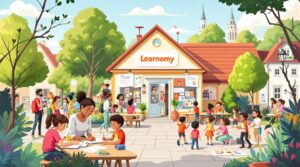 Ein Lehrer hilft einer Gruppe von Kindern beim Lernen in einem Klassenzimmer. Symbolisch für Bildung und Teilhabe im Rahmen des BuT-Programms in München.